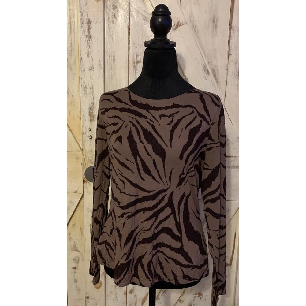 BAR III Women's‎ Black-Brown Zebra Printed Long Sleeves Jersey Top NWT